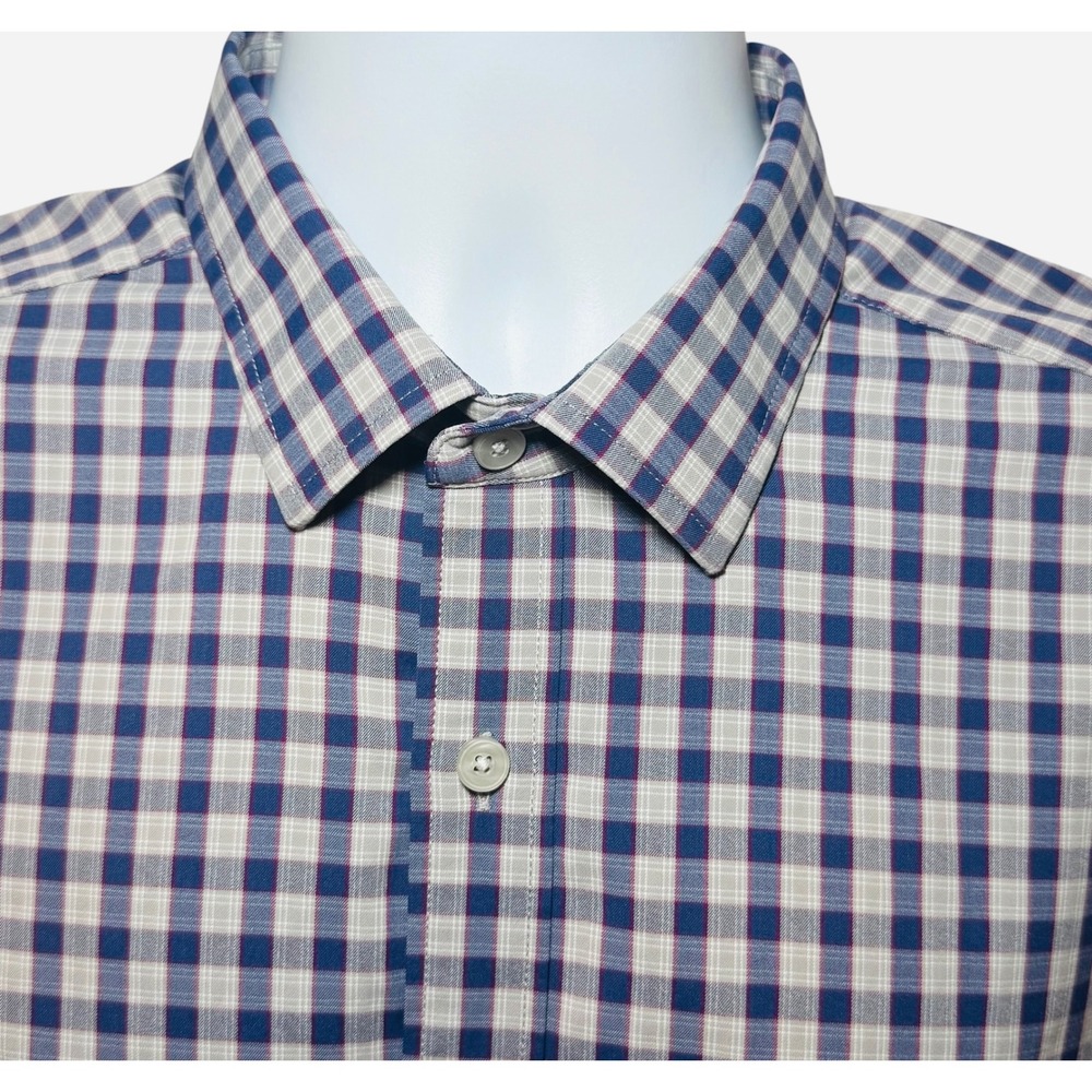 UNTUCKit Egrivin Mens Large Navy Tan Check Stretch Button Down Shirt Long Sleeve